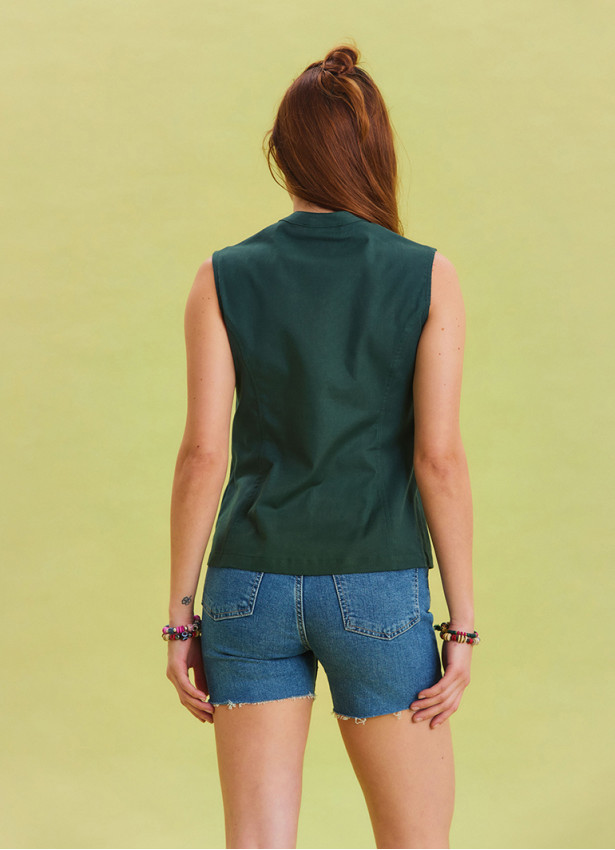 V Neck Cross Button Green Summer Blouse 4548